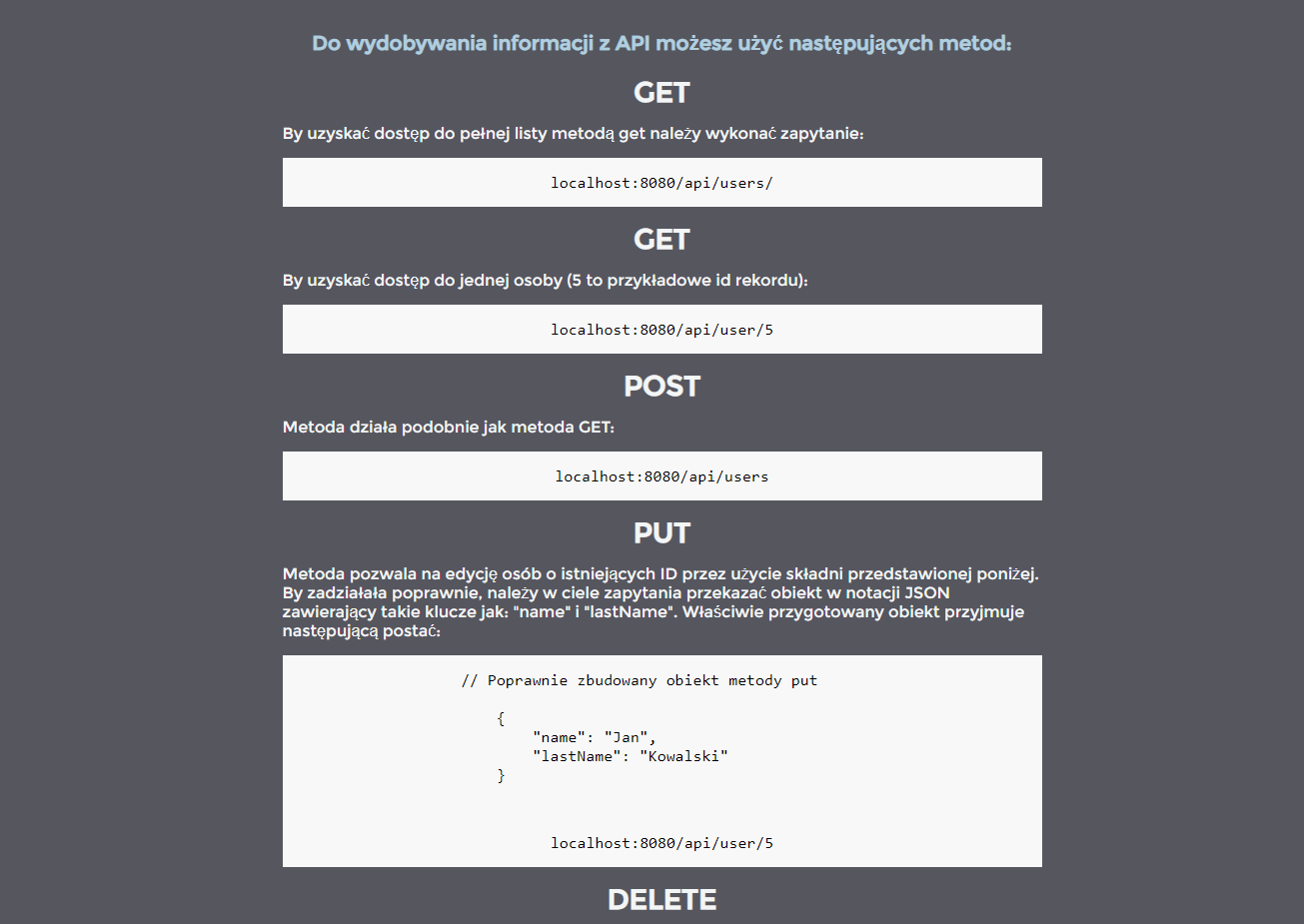 Widok strony prezentującej różne metody http z przykładowymi danymi w inputach