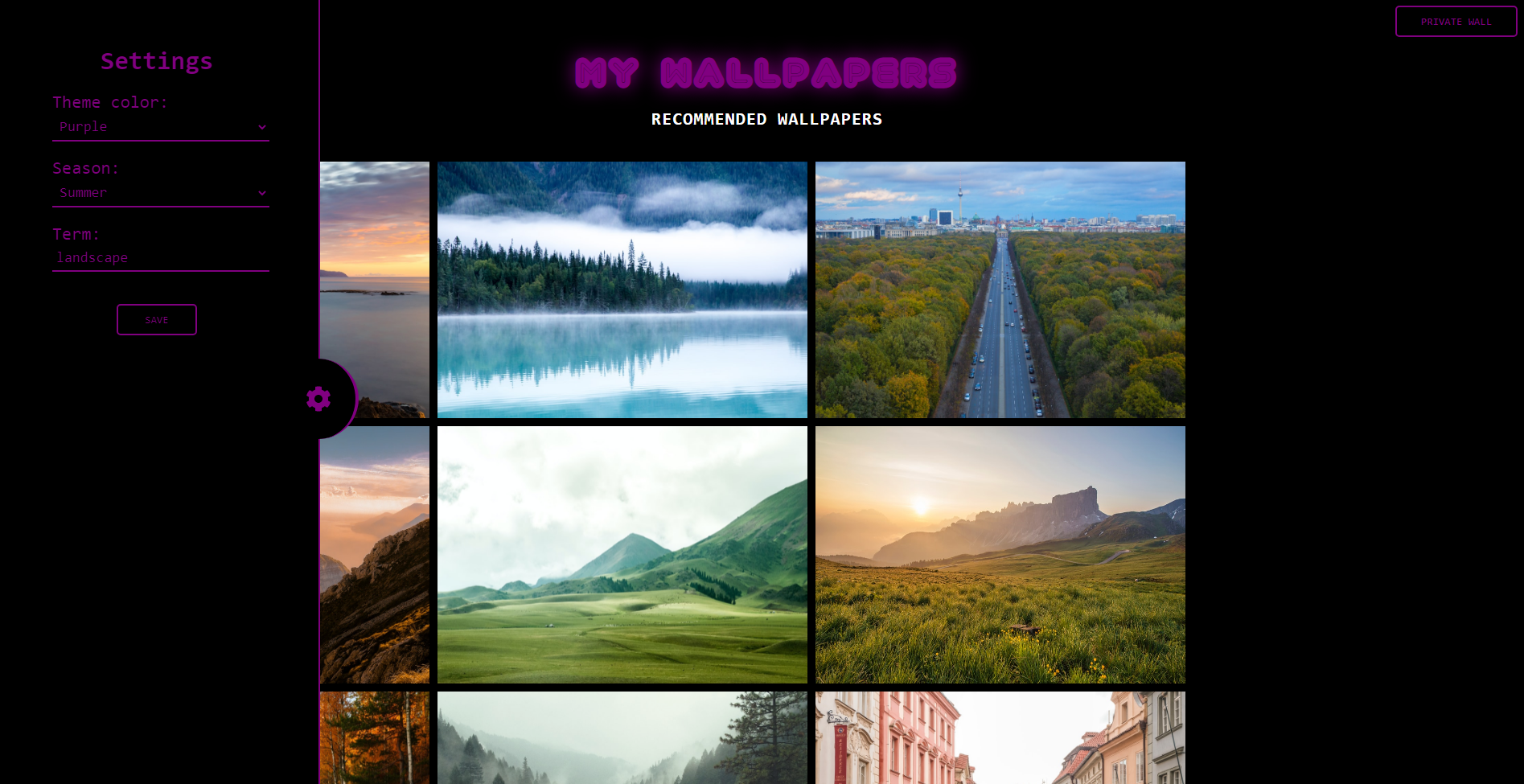 Dashboard strony My Wallpapers z listą rekomendowanych tapet przedstawiających krajobrazy w gridzie 3x3 na czarnym tle